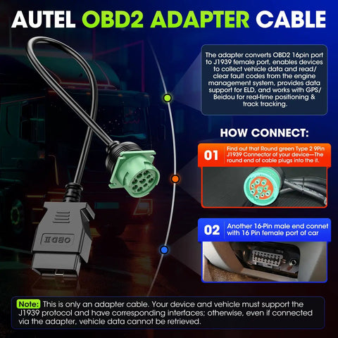 Image of AUTEL OBD2 Adapter Cable showcasing OBD2 to J1939 9-Pin Adapter Cable Type 2 for heavy-duty vehicle diagnostics.
