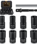 Badass 9 Piece Bolt Extractor Set With Center Punch Bar 1/2 Inch Drive Impact Sockets showing various sizes for damaged fasteners.