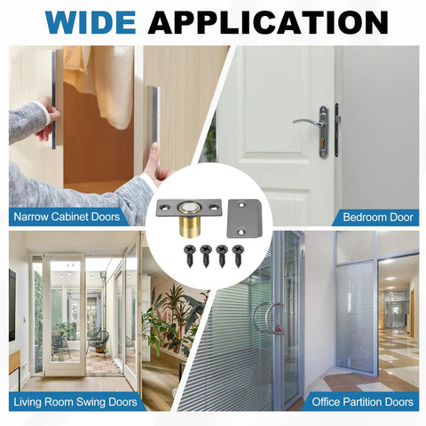 Magnetic Door Ball Catch 8 Pack For Top Of Doors And Invisible Cabinets shown with wide application uses including various door types.