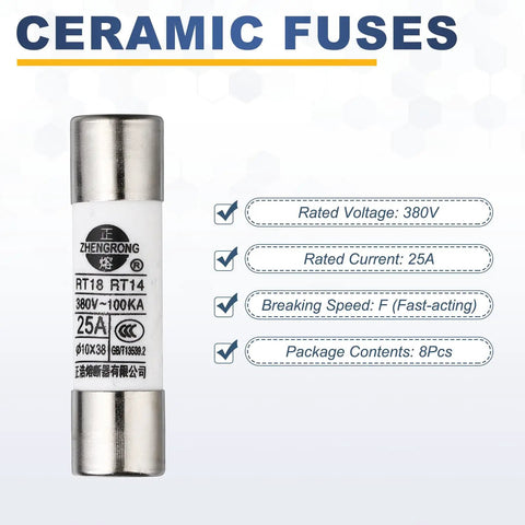 Industrial Grade Ceramic Cartridge Fuses 10x38mm F Type 380V 2A Fast Blow For Power Systems And Machinery, Rapid Overload Protection, High Reliability Electrical Safety For Industrial Equipment. 10x38mm ceramic fuse, 380V, 25A, fast-acting