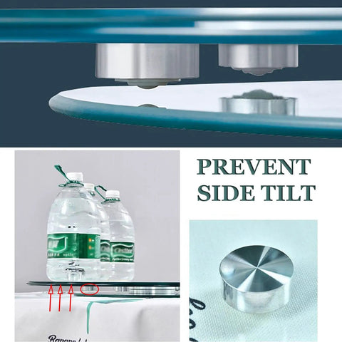 Tempered Glass Lazy Susan Turntable For Dining Table With Swivel Assist System showing anti-tip system and side tilt prevention