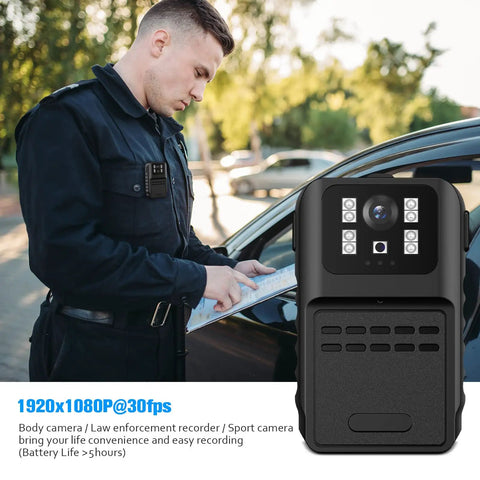 1080P Body Camera With 64GB Memory Waterproof IP64 Wearable Recorder worn by security guard writing a report outside.