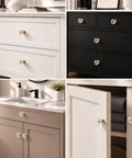 Clear Glass Cabinet Knobs With Shiny Gold Hardware on various drawers and cabinets in different colors for home décor.