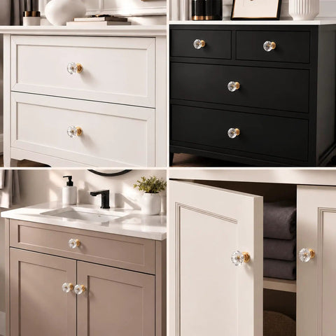 Clear Glass Cabinet Knobs With Shiny Gold Hardware on various drawers and cabinets in different colors for home décor.