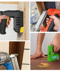 People using nail guns with Headless 23 Gauge Pin Nails Kit With 12000 Pieces In Six Sizes From Two Fifths Inch To One And Three Sixteenths Inch For Molding Cabinetry And Woodworking Projects Copper Pins For Strong Hold