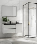 Modern bathroom with 12 Inch Rain Shower Head High Pressure Rainfall Showerhead With Large Waterfall Flow Ultra Thin 2mm Panel in glass enclosure