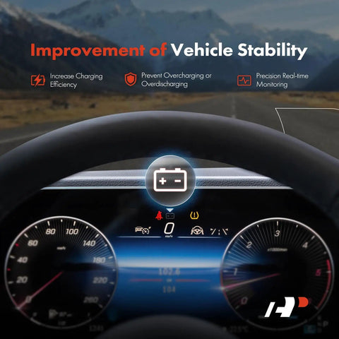 Direct Fit Battery Current Monitor Sensor Module With Prewired Pigtail Harness Connector No Guesswork Aftermarket Replacement For Acura Ilx Rdx Honda Civic CRV Straight Bolt Up Auto Part illuminated dashboard display showing battery status.