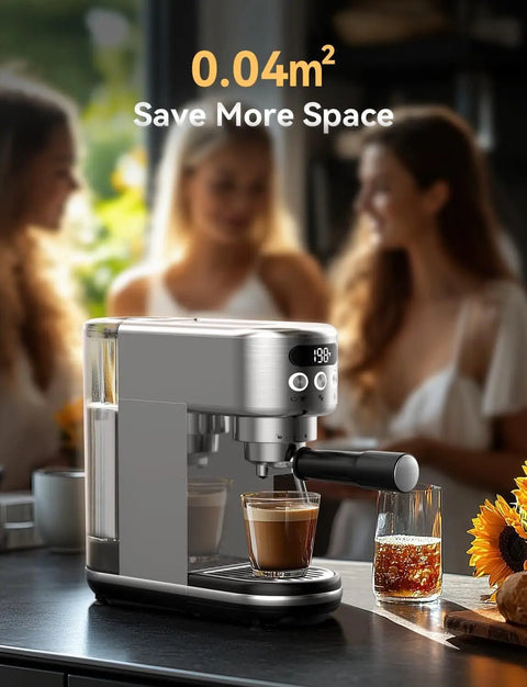 20 Bar Stainless Steel Espresso Machine With LED Display And 1350W Boiler For Home Barista Vibes on kitchen counter