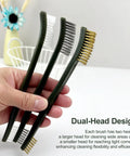 Six Piece Rust Busting Brushes Set For Metal Cleaning And Surface Prep, showing stainless steel, brass, and nylon brushes in hand.