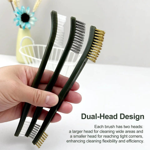 Six Piece Rust Busting Brushes Set For Metal Cleaning And Surface Prep, showing stainless steel, brass, and nylon brushes in hand.