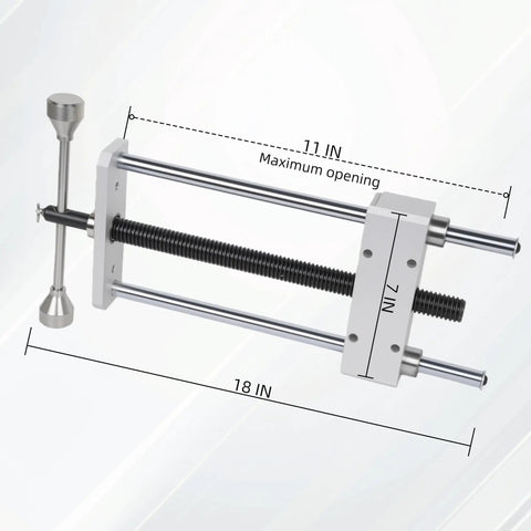 Rock Solid 11 Inch Front Mounted Woodworking Vise For Heavy Duty Workbenches With CNC Machined Jaws and No Sweat Assembly, shown with dimensions.
