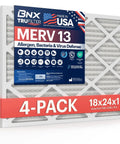 4-pack of 18x24x1 MERV 13 Electrostatic Pleated Air Filter for HVAC, USA made, shown in packaging with allergen defense label