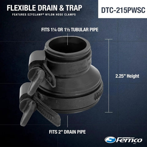 Tubular To 2 Inch Drain Pipe Flexible Adapter Coupling With EZYCLAMP Tool Free Bands, Fits 1.25 Or 1.5 Inch Tubular Piping Into 2 Inch DWV System, Quick Hand Tighten, No Screwdrivers, Glue Or Hardware, Easy Home Plumbing Fix black PVC adapter