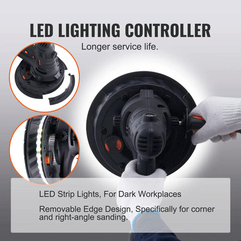Heavy Duty Electric Drywall Sander With Variable Speed Motor And Hassle Free Vacuum Dust Cleanup For Cleaner Job Sites Plus Dual Bright Led Lamps and LED lighting controller for visibility.