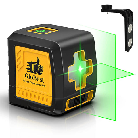 Self Leveling Laser Level 100ft Green Cross Line Two Line Laser For Construction And Picture Hanging IP54 Waterproof 360 Degree Magnetic Base Battery Included, showing green laser lines and magnetic bracket attachment.