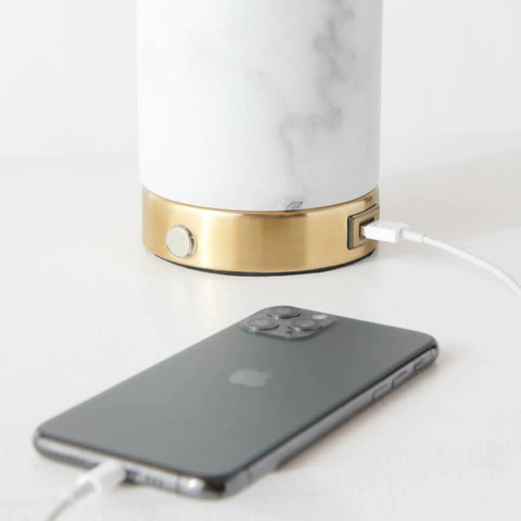 Aspen LED Table Lamp With USB Port For Bedside Or Desk Ambient Lighting And Marble Finish Globe Shade with phone charging