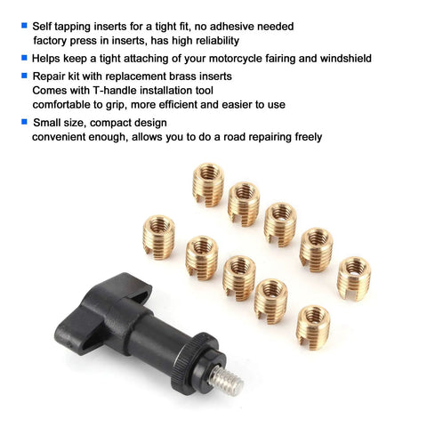 Brass Self Tapping Inserts For Touring Bikes With Batwing Fairings Repair Kit Includes T Handle Tool with 10 brass inserts