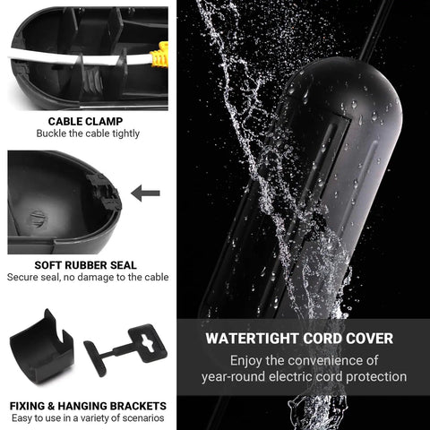 4 Pack Extension Cord Protective Cover Set Black Capsule Shaped Water Resistant Holders For Indoor Outdoor Use with Cable Clamp