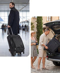 Man at airport and couple loading Lightweight 20 Inch Carry On Luggage With Wheels 13.7 X 10.6 X 20.4 Inch Airline Approved Softside Suitcase
