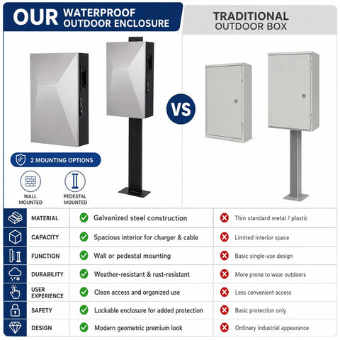 Comparison image of Heavy Duty EV Charger Lock Box With All Weather Rugged Cold Rolled Steel Guard vs traditional outdoor box.