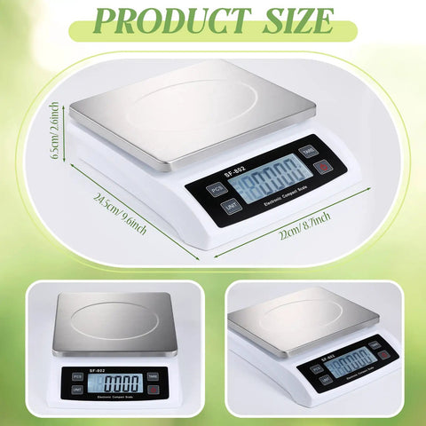 Heavy Duty Digital Kitchen Scale With 66Lb Capacity For Baking And Cooking Pro Grade Stainless Steel Bread Scale Large LCD Display Supports Kg G Lb Oz Pcs Tare And Hold Function Commercial Style showing product dimensions