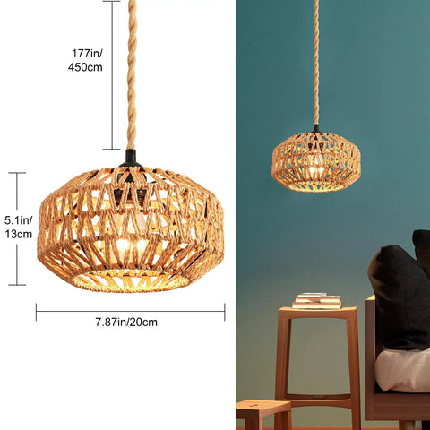 Two Pack Mini Rattan Plug In Pendant Lights Hand Woven Boho Ceiling Fixture With Switch Easy Install Home Upgrade For Bedroom Entryway Hallway Cozy Vibes, 5.1in height and 7.87in width.