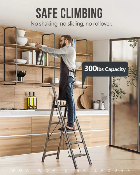 Five Step Home Ladder With 300 Lb Capacity And 46 Inch Top Step, Stable No Wobble Design With Side And Back Braces, Slim Fold For Easy Storage, Compact Black Indoor Utility Ladder in kitchen