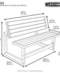 Illustration of Outdoor Convertible Bench To Table In Seconds 55 Inch Harbor Gray Weather Resistant Polystyrene Slats dimensions.