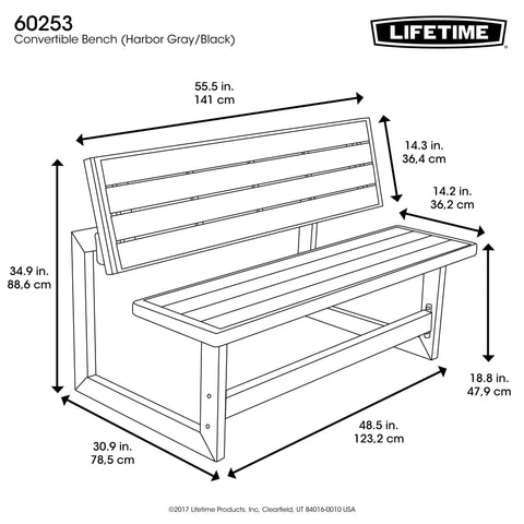 Illustration of Outdoor Convertible Bench To Table In Seconds 55 Inch Harbor Gray Weather Resistant Polystyrene Slats dimensions.