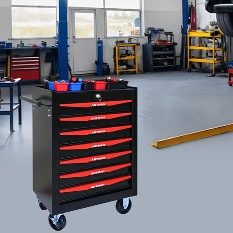 Professional 7 Drawer Rolling Tool Chest with Smooth Gliding Casters and Slick Powder Coated Steel Finish for Garage Crews and Badass Workshop Storage Setup in a workshop setting.