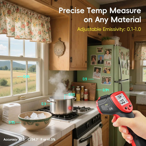 Infrared Temperature Gun For Cookin And Grillin With Adjustable Emissivity, Fast 0.5 Second Readings measuring stove heat