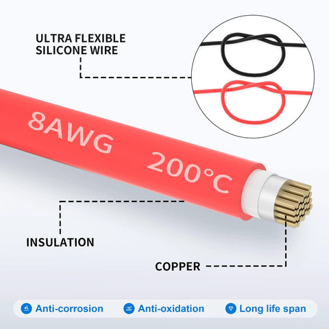 8AWG red silicone wire with copper strands, labeled 200°C, ultra flexible, for 50 Amp Battery Quick Connect Disconnect Connector Kit