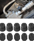 10 Pack Must Have Universal Car AC Valve Caps for High and Low Pressure Ports displayed on car engine and separately