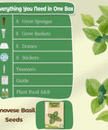Genovese Basil Seed Pods Kit For Hydroponics Refill With Eight Grow Pods Seeds And Plant Food For All Indoor Gardens shown with kit contents and box design.
