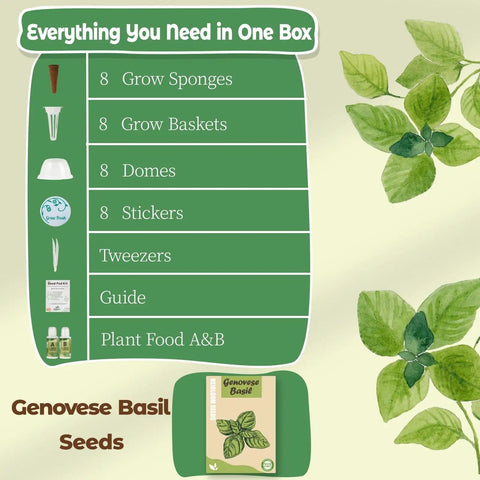 Genovese Basil Seed Pods Kit For Hydroponics Refill With Eight Grow Pods Seeds And Plant Food For All Indoor Gardens shown with kit contents and box design.