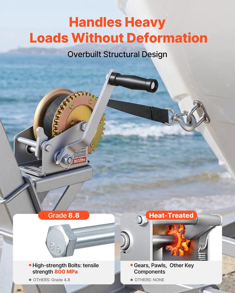 Beefy 1600 Lb Hand Boat Winch With 4 To 1 Gear Ratio Portable Two Way Ratchet Rope Crank Easy Install For Boat Trailers And ATVs Heavy Duty Towing Power on boat trailer
