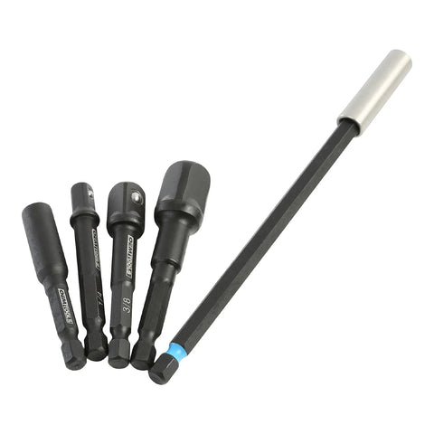 Beefy Five Piece Impact Driver Bit Set With Hex Socket Adapters And Six Inch Drill Extension Includes 1/4 Inch Hex Bits And 1/2 To 3/8 Inch Drive Socket Adapters Fast Pro Grade Power Tool Attachment Kit shown with various sizes on white background