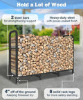 4 Foot Firewood Rack Holder With Cover, Adjustable Heavy Duty Fire Log Stacker Stand in black with steel bars and wood logs