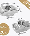 Dimensions of Premium 20 Pack One Quarter Inch Twenty Thread Pitch T Slot Nuts for 4545 Series Aluminum Extrusion Profiles