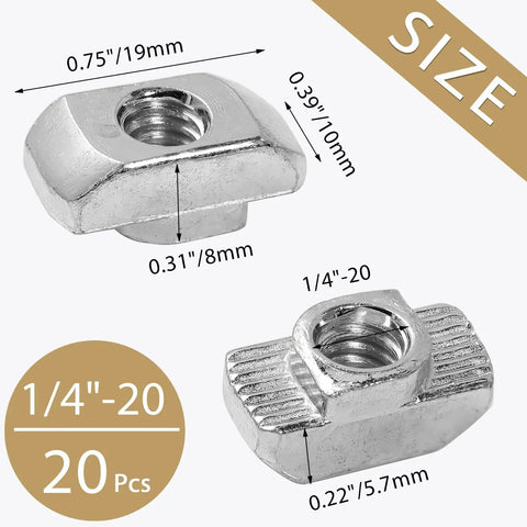 Dimensions of Premium 20 Pack One Quarter Inch Twenty Thread Pitch T Slot Nuts for 4545 Series Aluminum Extrusion Profiles