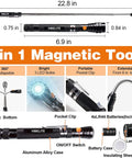 Diagram of magnetic pickup tool showcasing features like LED bulbs, extendable neck, and pocket clip, labeled Vibralite