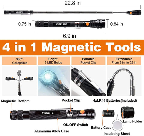 Diagram of magnetic pickup tool showcasing features like LED bulbs, extendable neck, and pocket clip, labeled Vibralite