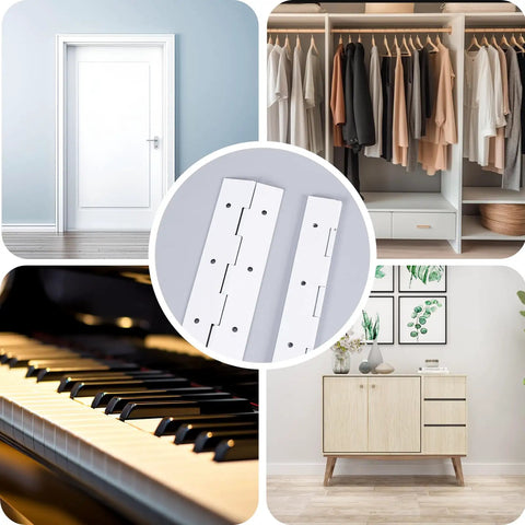 Two Pack 12 Inch White 304 Stainless Steel Heavy Duty Continuous Piano Hinges With Screws, shown with closet and door.