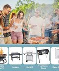Group of people at outdoor BBQ with propane appliances: fire pit, griddle, gas grill, two-burner stove, and water heater.