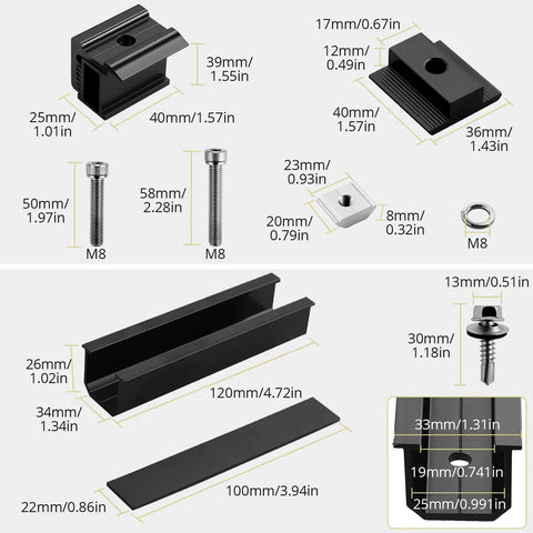 No Sweat Solar Panel Roof Mounting Kit includes multiple heavy duty components for rooftop installation of thick panels.