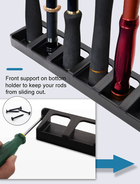 Close-up of Vertical Fishing Rod Holder Rack for Garage Wall and Ceiling Mount Black 1 Pair with multiple rods inserted.