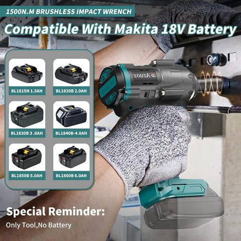 Professional Cordless Impact Wrench 1/2 Inch Brushless Motor 950 Ft Lbs in use with Makita 18V battery for auto repairs.