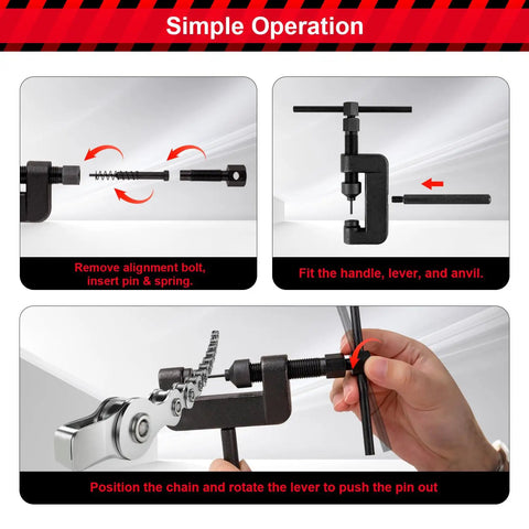 Step-by-step usage of Beast Pro Grade 13 Piece Motorcycle Chain Breaker Tool Kit with Rivet Tool Set Heavy Duty Chain Cutter.