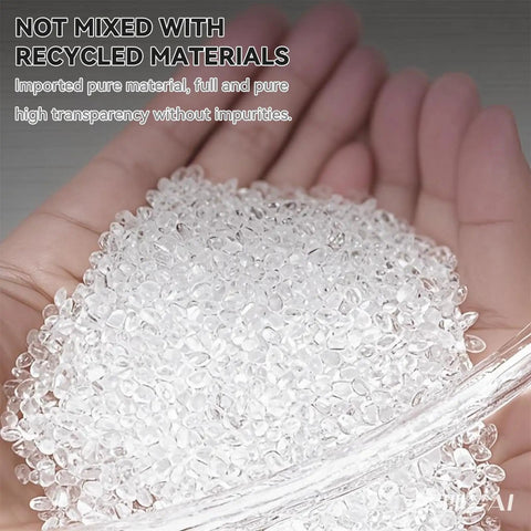 Close-up of pure transparent plastic pellets, symbolizing high-quality non-recycled material for industrial use.