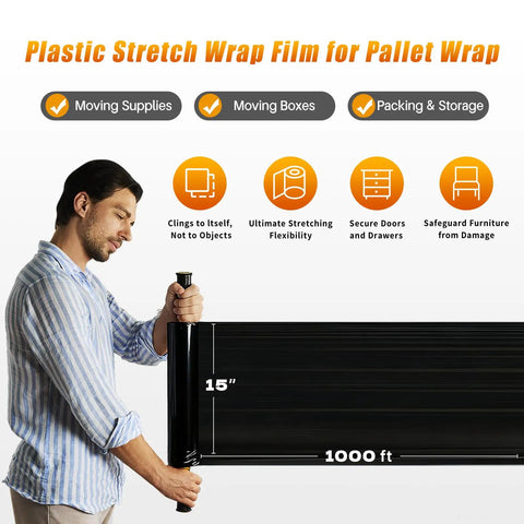 Heavy Duty Black Stretch Wrap 15 X 1000 Ft with 60 Gauge Tough As Nails Shrink Film for Moving and Pallet Wraps, user holding roll.